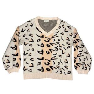 Dress Up Sweater Women Large Beige Orange V-Neck Cheetah Print Oversize Pullover